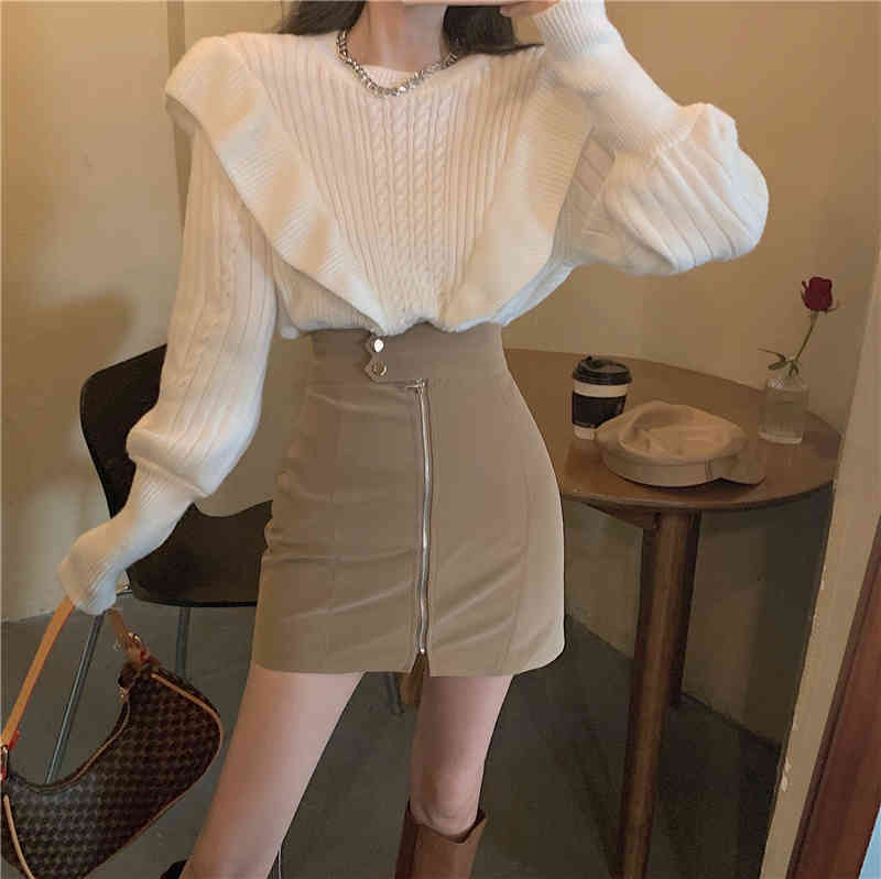 MATAKAWA Puff Sleeve Women's Sweater Spring Fashion Woman Sweaters Loose Ruffled Red Knitted Pullovers Top 210513