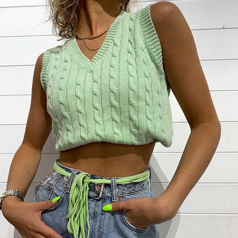SUCHCUTE e girl Sweater Vest women jumper V Neck pullover Knitted Vests Women y2k Preppy Style Crop Top Autumn solid outfit 210819