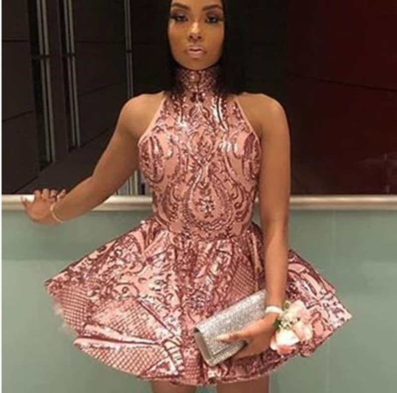 Glitter Short Dusty Rose Sequin Sexy Homecoming Dresses Halter Backless Puffy Black Girl Prom Dress Graduation Cocktail Party Gowns Special Occasion W