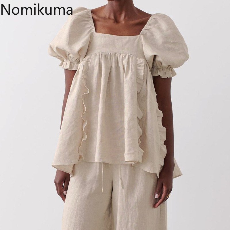 Nomikuma Cotton Linen Square Collar Blouse Shirt Sexy Bow Tie Backless Women Tops Spring Summer New Puff Sleeve Blusas 6G456 210427