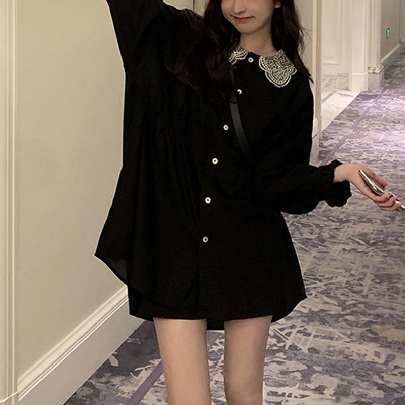Elegant Shirt Dress Women Lace Chiffon Long Sleeve Casual Mini Dress Office Lady High Waist Dress Korean Summer 210521