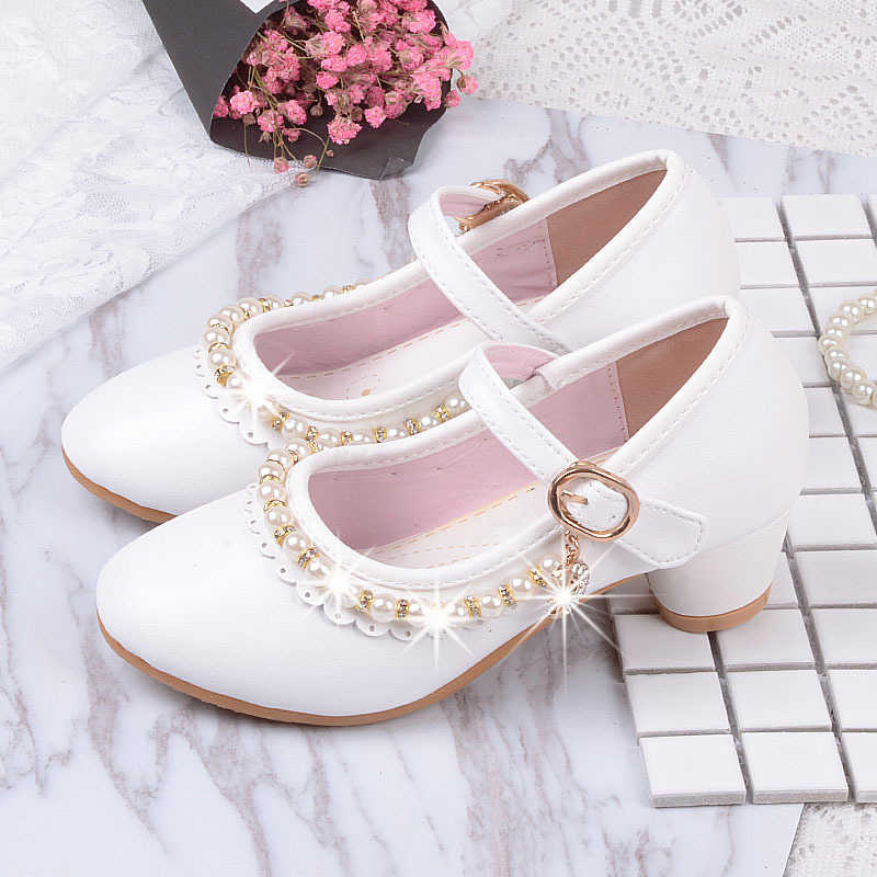 High Heels Kid Shoes Beading White Leather Girls Party Shoes Princess Dress Shoe Big Children Wedding Shoe 3 4 5 6 7 8 9 10 1112 Y0809