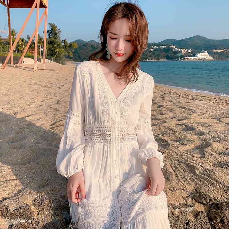 Arrival Summer Boho Women Maxi Dress White Lace Long Tunic Beach Vacation Holiday Clothes 210520