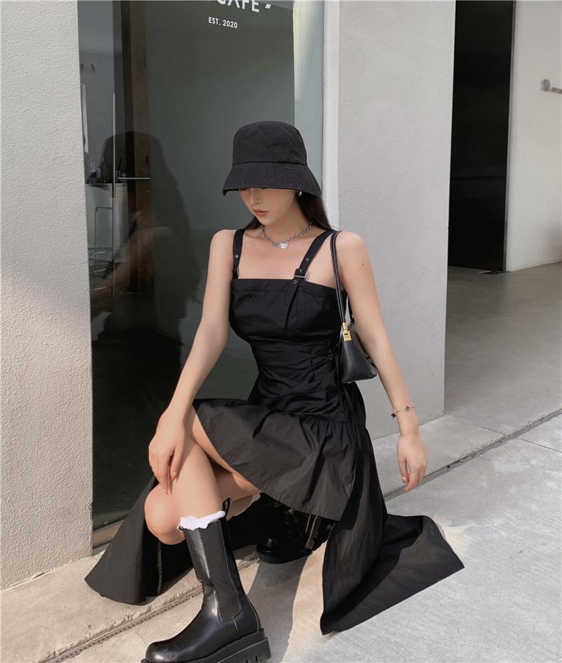 Vintage Fashion Women Streetwear Irregular Sundress Suspenders Casual Black Bandage Dress Sleeveless Slim 210519