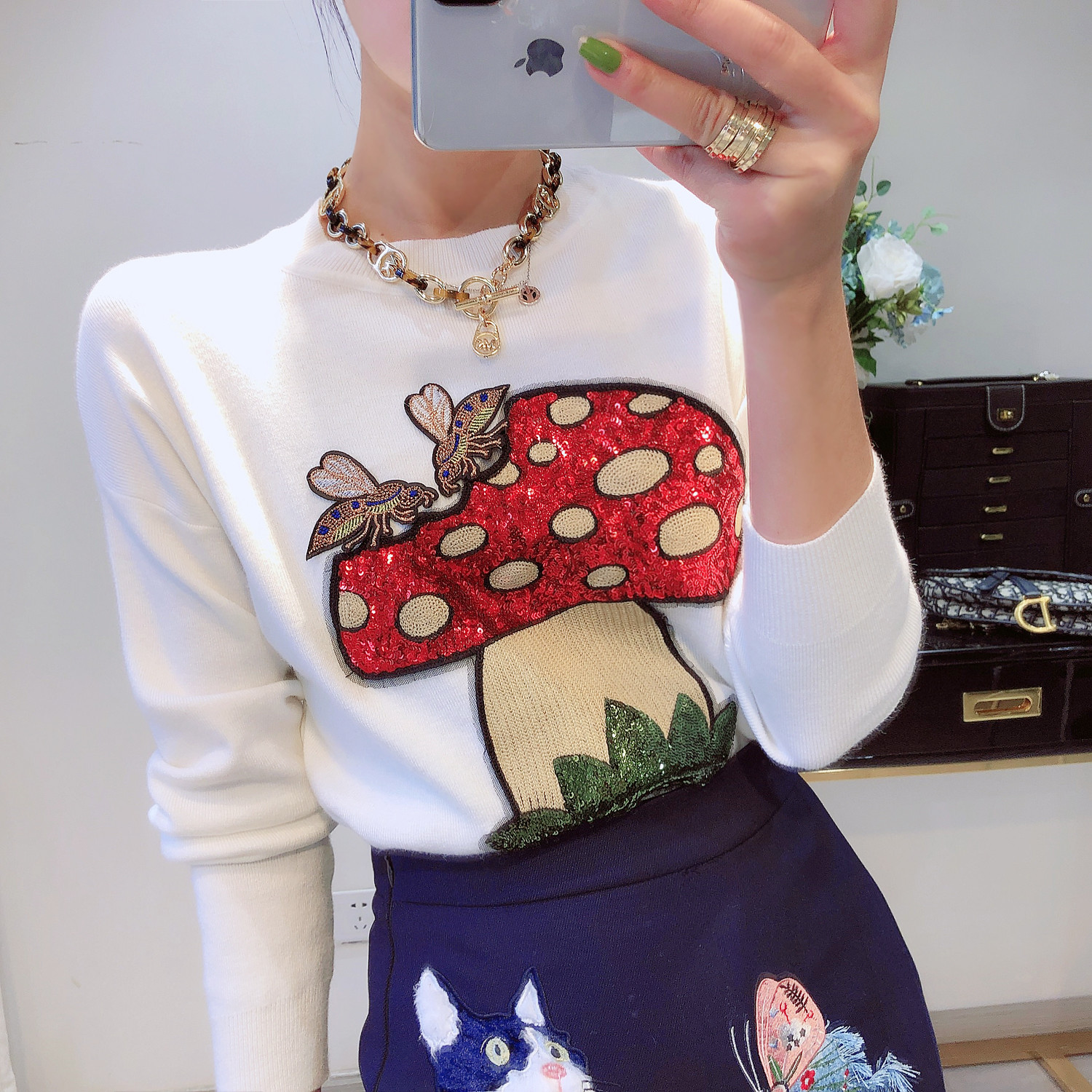 Fall Winter Arrival Women Korean Style Slim O-Neck Sequined Mushroom Coats Pullover Knitted Sweater C-102 210522