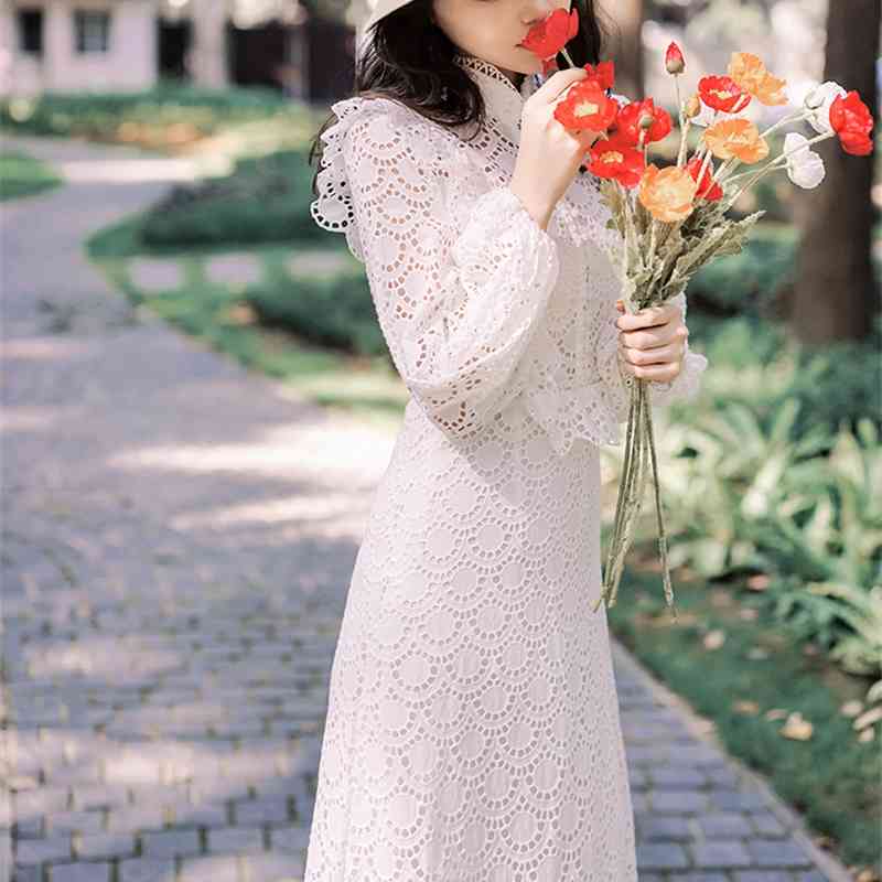 Autumn And Winter White Women Lace Dress Long Sleeves Stand Collar Chic Ruffle Runway Vestidos 210520