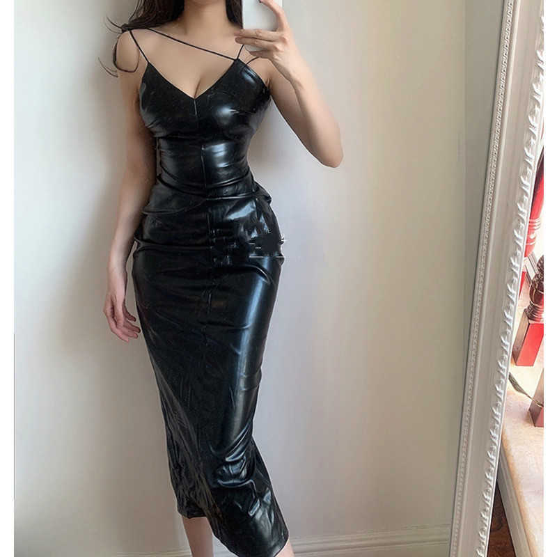 WOMENGAGA Sexy V Neck Spaghetti Strap Irregular Strapless Sleeveless Cross Split Backless Slim Pu Leather Tank Dres C6F0 210603, Black 
WOMENGAGA Sexy V Neck Spaghetti Strap Irregular Strapless Sleeveless Cross Split Backless Slim Pu Leather Tank Dres C6F0 210603, Black