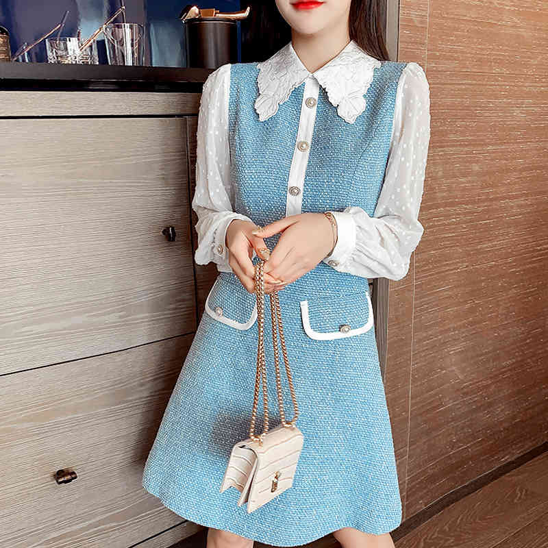 Autumn And Winter Patchwork Tweed Dress Women Long Sleeve Vintage Runway Korean Elegant Office Vestido Da Festa 210520