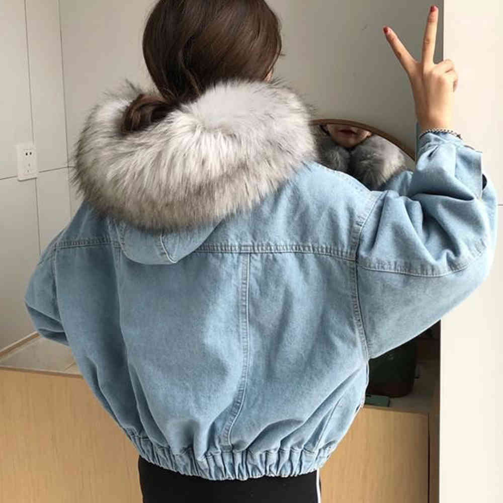 Women Winter Thick Jean Jacket Fleece Hooded Denim Coat Female Lamb Fur Padded Warm Outwear Plus Size 210428