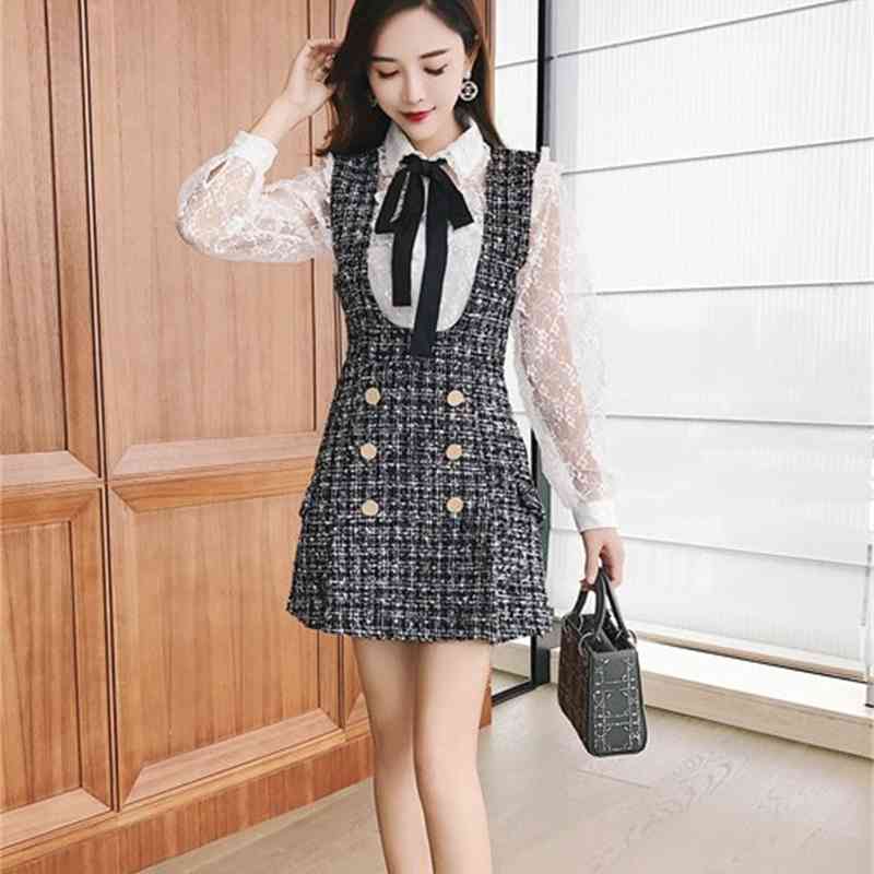 Autumn Winter 2 Piece Set Dress Women Ruffles Bow Shirt Lace Top+Double Breasted Plaid Tweed Vest 210519