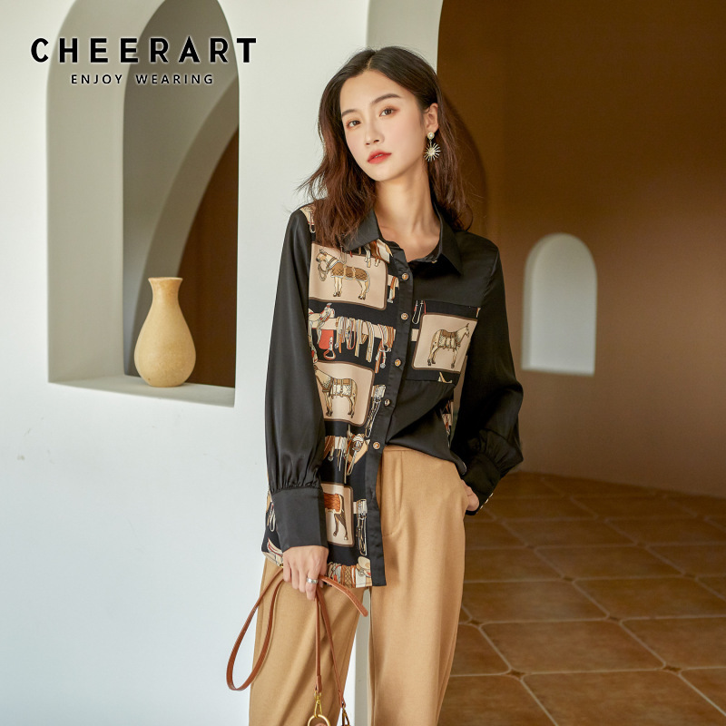 Horse Print Womens Tops And Blouses Long Sleeve Button Up Shirt Black Casual Spring Clothes 210427