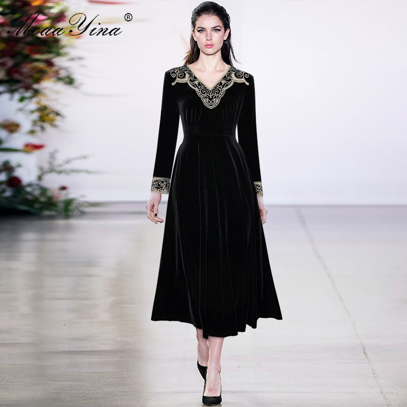 Fashion dress Spring Women Dress V-neck Long sleeve Vintage Embroidery Velvet Elastic waist Dresses 210524