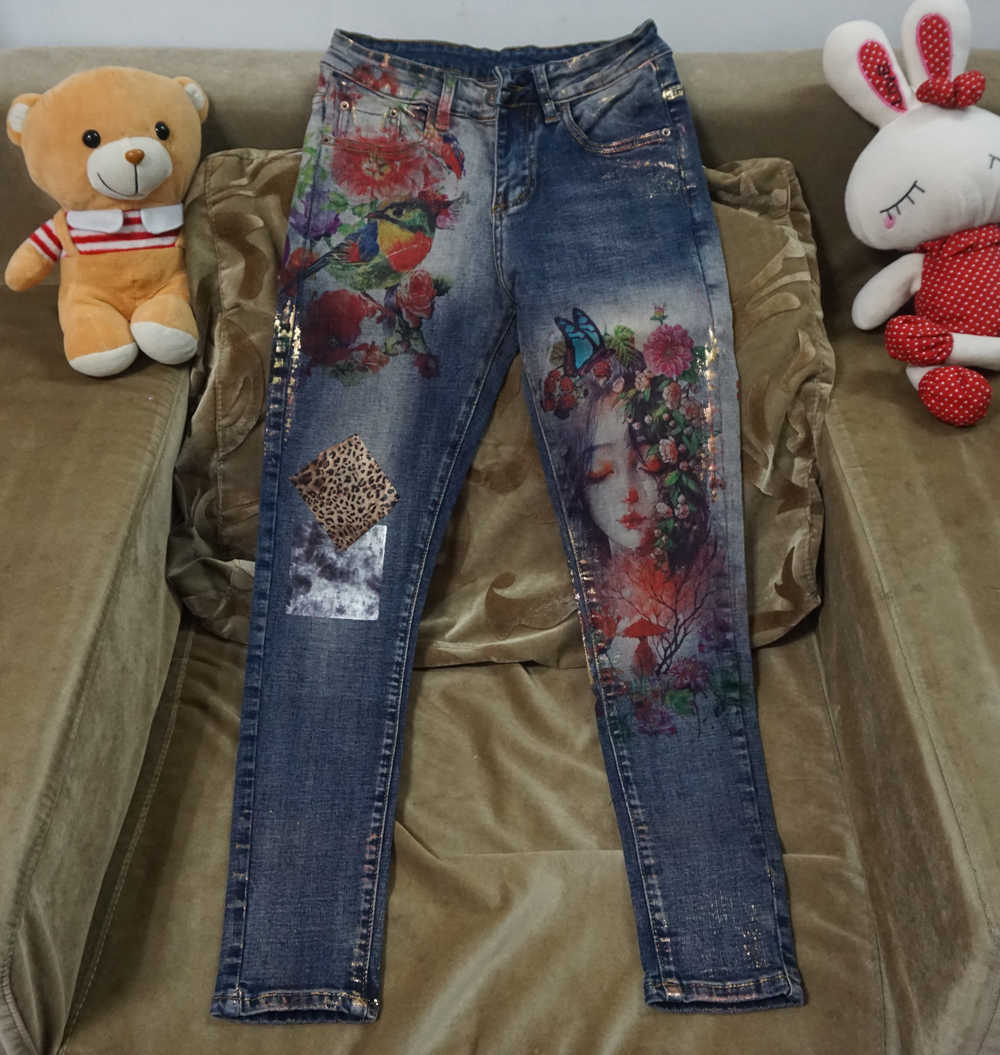 3D Stretchy Jeans With Flowers Pattern Painted Pencil Pants Woman Elegant Style Denim Trousers For Women 210809
