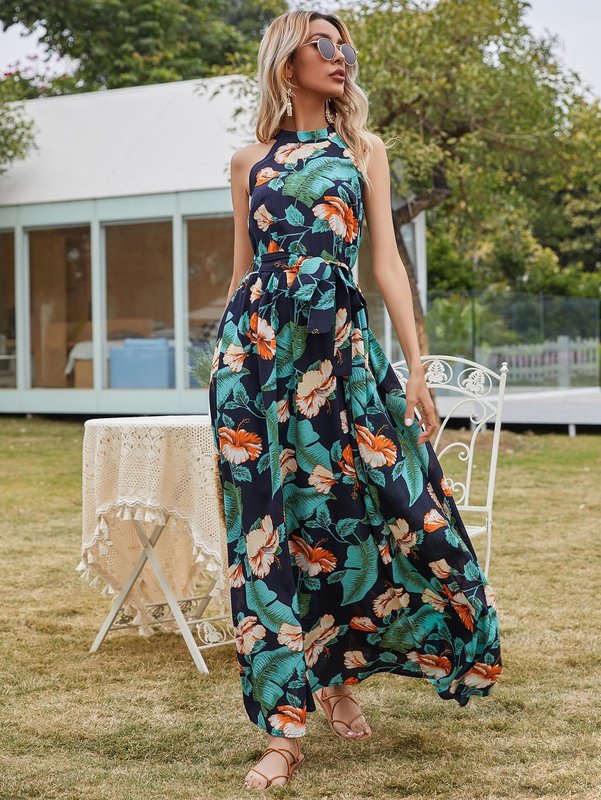 Tropical Print Halter Neck Maxi Dress SHE
