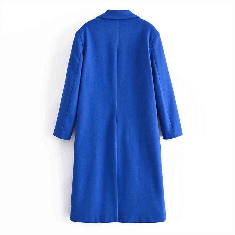 ZA Women's Blue Trend Woolen Coat Autumn/Winter Fashion High Street Double-Breasted Lapel Mid-Length Loose Jacket 211130