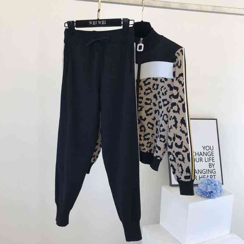 Tracksuit Women Leopard Knit Zip Cardigan Tops+Pants Suit 2PCS Sets Long Sleeve Jacket Coat Woman Casual Sweater Trousers Suits 211118