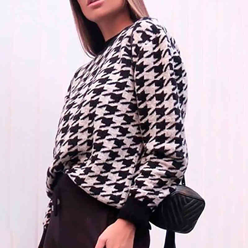 vintage houndstooth oversized sweater pullovers women casual plaid khaki winter tops checkered pull femme 210427