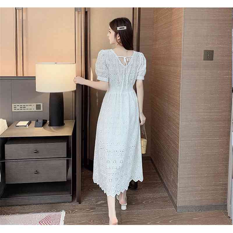 Fashion Runway Summer Dress Women Short Sleeve Elegant Ruffle Hollow Lace Embroidery Mid-Length White 210520