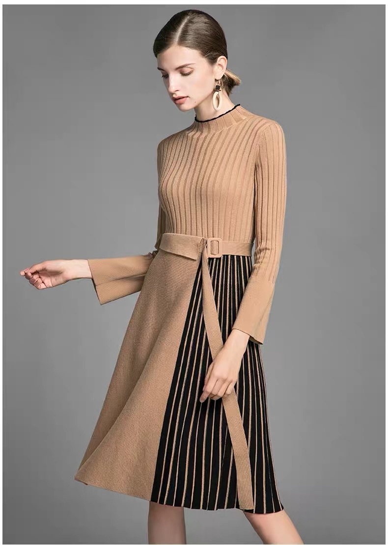 elegant lady midi dress patchwork striped blue flare long sleeve office robe dresses autumn winter plus size 210421