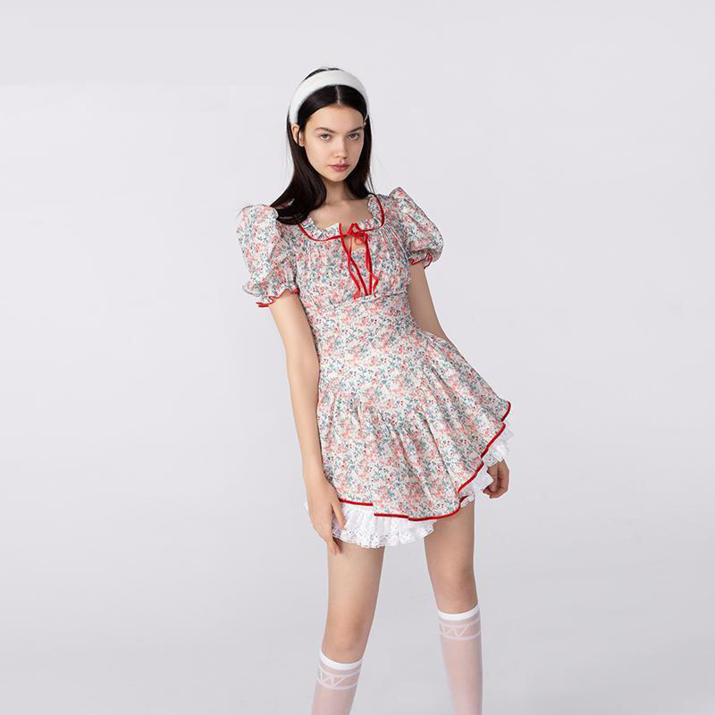 Lolita floral printed Victorian vintage lace up slim sweet cute mini dresses for women young girl 2 pieces vestidos 210421