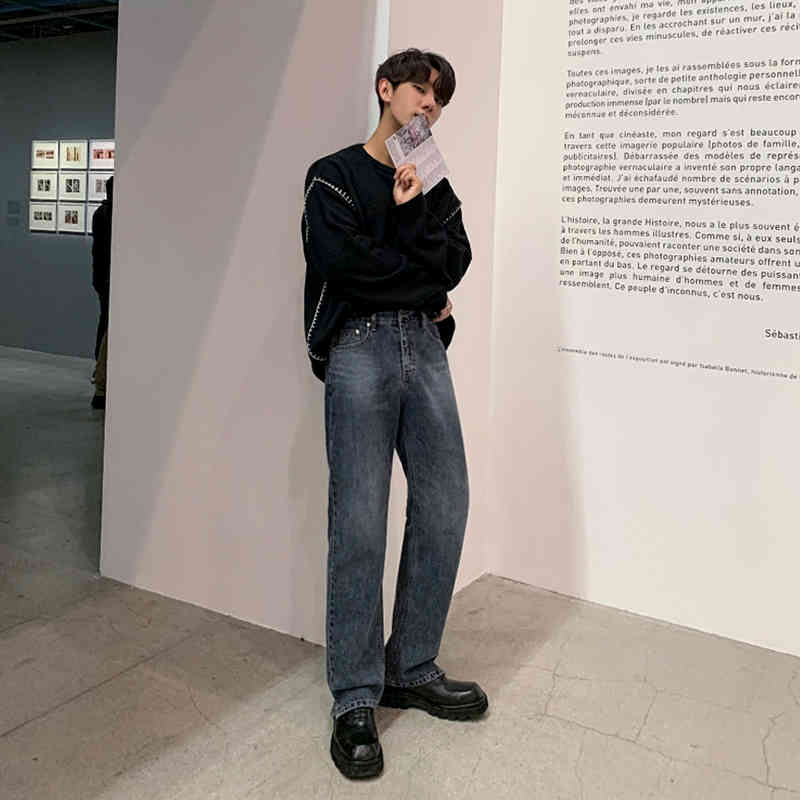 IEFB spring vintage jeans men's Korean fashion straight tube loose casual pants split bottoms trendy denim trousers 9Y4515 210524