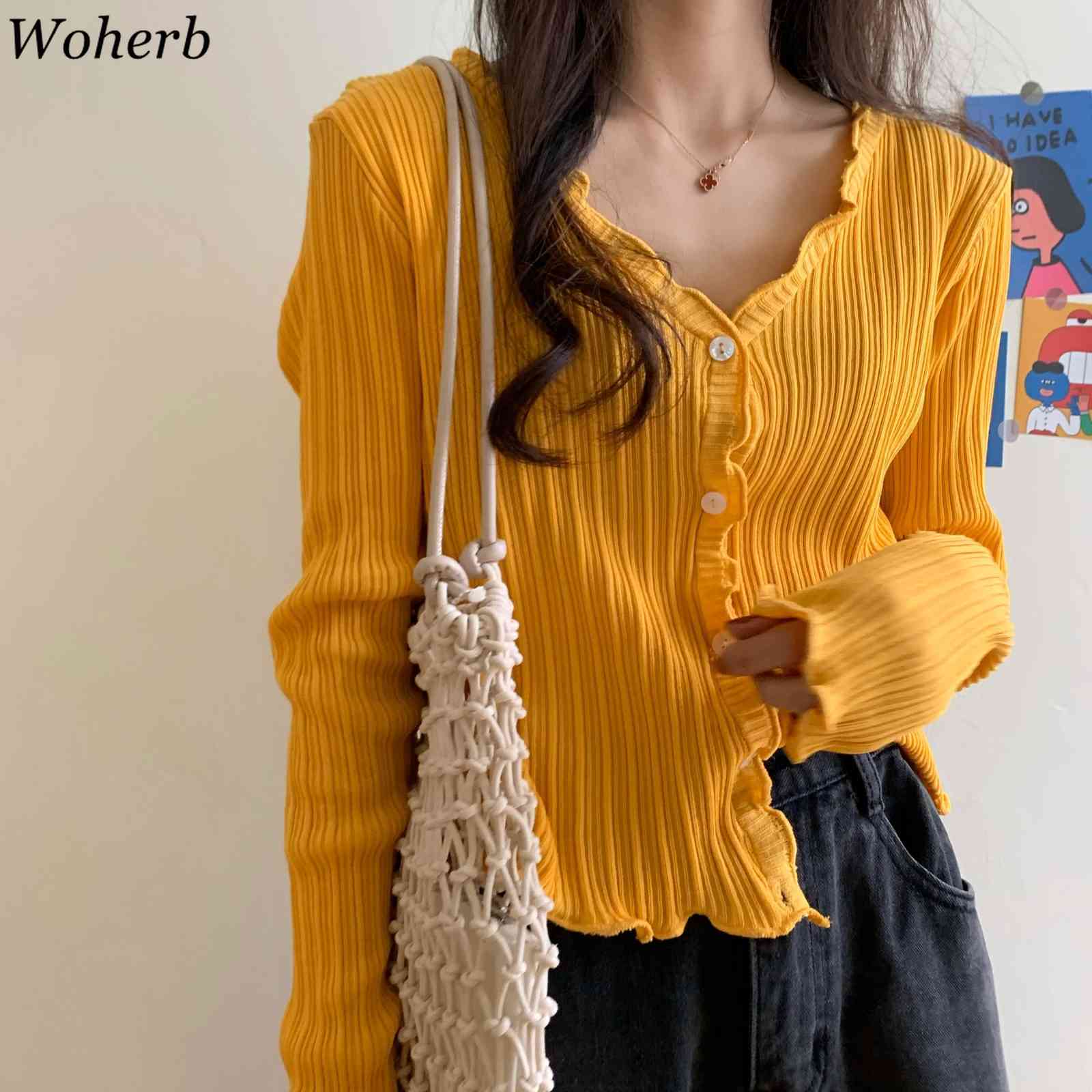 Casual Women Spring Autumn Thin Cardigan Solid Sweet Ruffle Korean Crop Kardigan Lady Chic Sweaters Pull Femme 210519