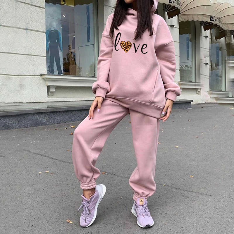 Letter Print Two Piece Set Oversized Hoodie Women's Tracksuit Fleece Long Sleeve Hooded Suit Female Casual Sportwear Pants Sets 210709