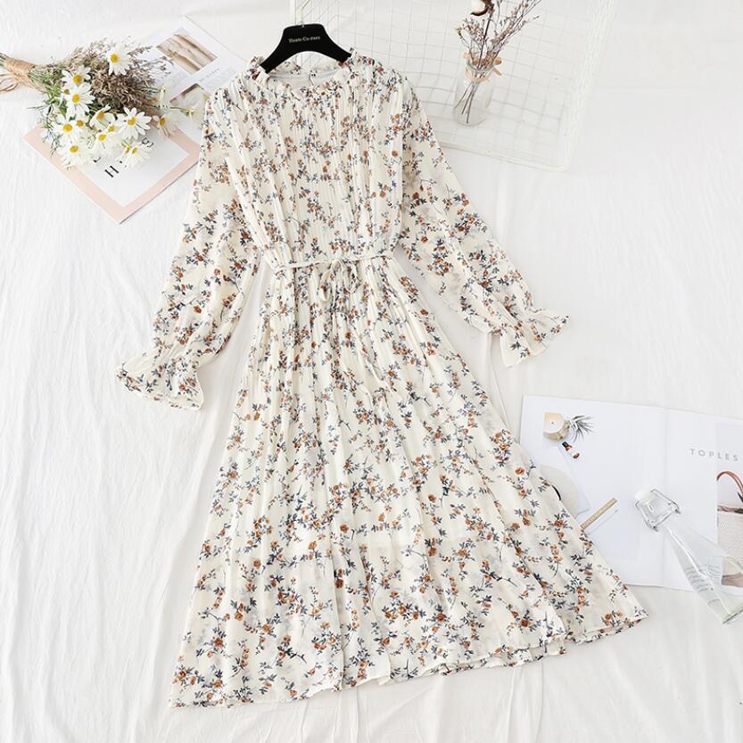 Spring Summer Pleated Chiffon Dress Women Elegant Lotus Leaf Collar Long Sleeve Floral Long Dress Loose Party Vestidos 210521