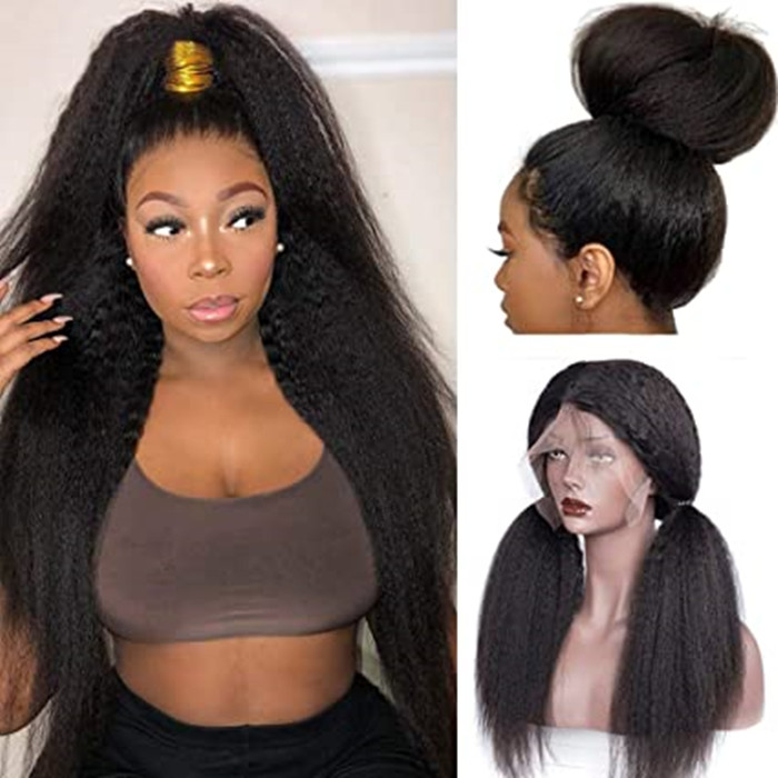 Kinky Straight 360 Lace Frontal Wig Pre Plucked Italian Yaki Human Brazilian 150% Density Remy hd Laced Front Wigs for Women (18inch, KS