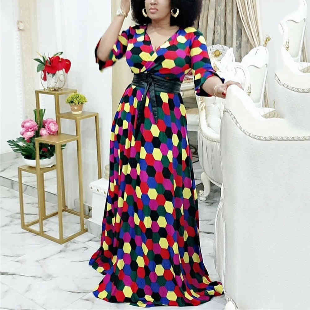 African Long Dresses For Women Maxi Party Dot Print V Neck Half Sleeve High Waist Floor Length Elegant Evening Night Wear Dress 210510