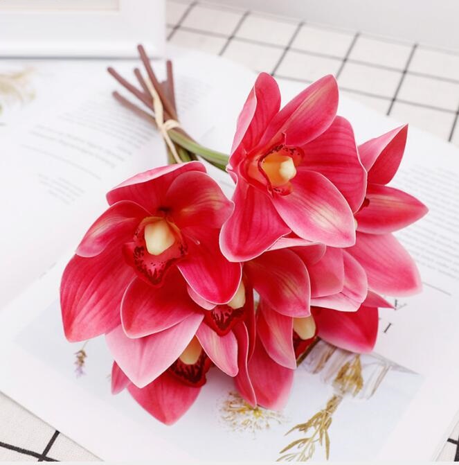 Artificial flower 6 heads of Cymbidium palm bouquet wedding decorative Butterfly Orchid flowers