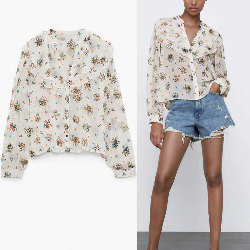 Za Ruffle Print Summer Blouse Women Vintage Long Puff Sleeve Chiffon Top Feminine Fashion Front Button Transparent Shirt 210602, As picture
Za Ruffle Print Summer Blouse Women Vintage Long Puff Sleeve Chiffon Top Feminine Fashion Front Button Transparent Shirt 210602, As picture