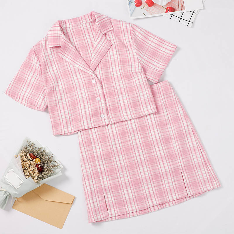Skirts Plaid Patachwork Notched 2 Piece Women Sets Short Sleeve T-Shirt And Split Mini Skirt Female Set Summer Sweet Fashion Lady, Plaid skirts