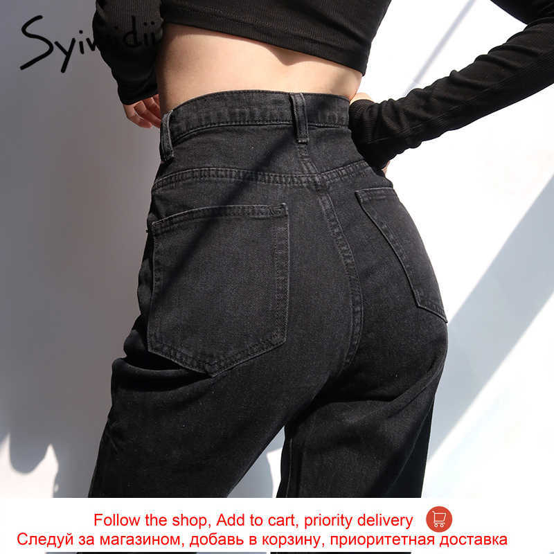 Syiwidii Women Jeans Black Flare Pants Front Side Slit Leg Fall High Waisted Bell Bottom Full Length Denim Clothes 210922