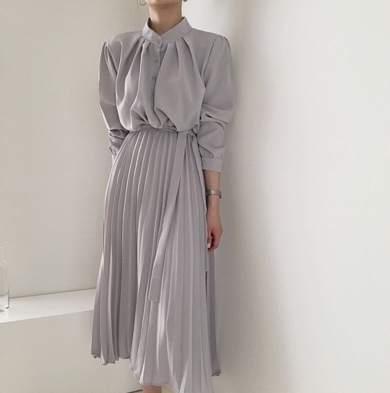 Autumn Elegant Stand Collar Long Dress Women Vintage Chiffon Long Sleeve Party Dress Casual Vestidos Woman Clothing 210518