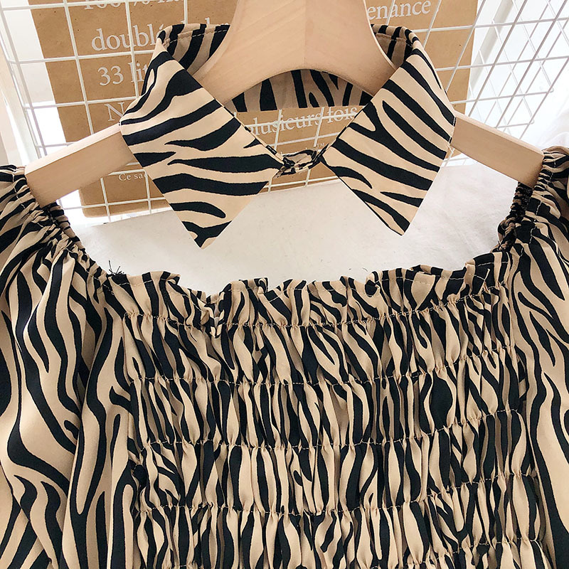 Casual Vintage Shirts For Women Pleated Short Lantern Sleeve Blouse Femme Zebra Stripes Off Shoulder Top Shirt 12070 210512