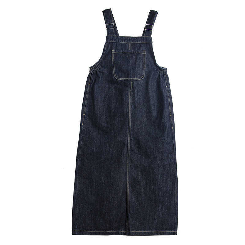Vintage Loose Split Denim Strap Dress Women Summer Mid-length Straight Dresses Fashion All-match Silm Waist Vestidos 210525