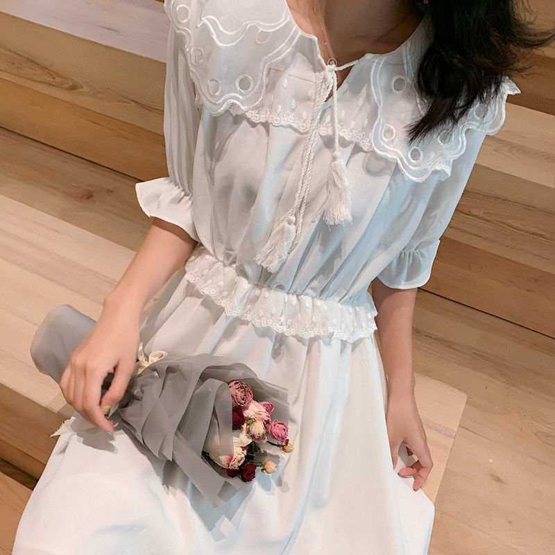 French Fairy White Dress Women Elegant Vintage Long Sleeve Party Dress Peter Pan Collar Bow Dress Korean Autumn 210521