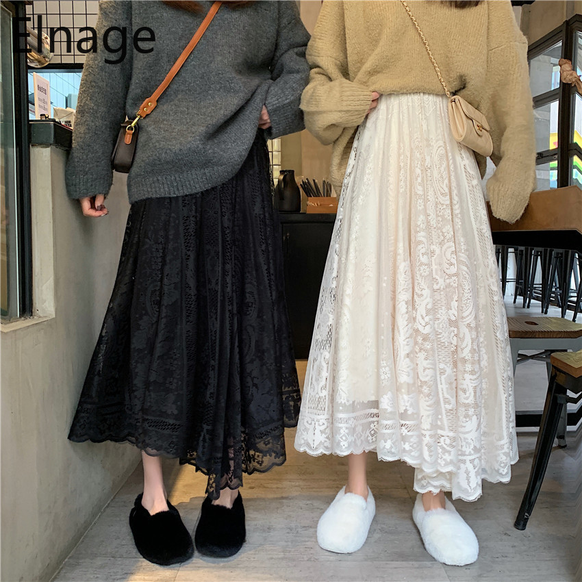 Spring Lace Mesh A Line Korean Style Solid Black Mid-length Skirt for Women White Small Net 5A048 210429