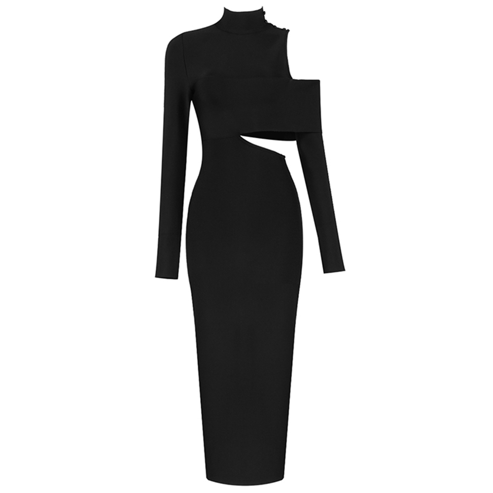 Summer Elegant Long Sleeve Strapless Hollow Black Midi Bodycon Ladies Bandage Dress Sexy Party Vestidos 210525