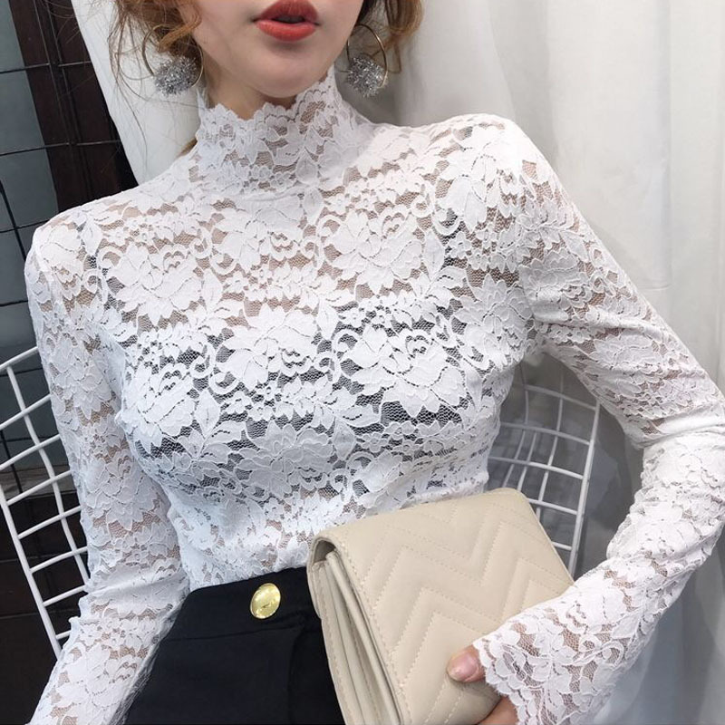 Korean Temperament Women Tops Long-sleeved Hollow out bottoming shirt Spring High neck Sexy Flower Lace blouse 210517