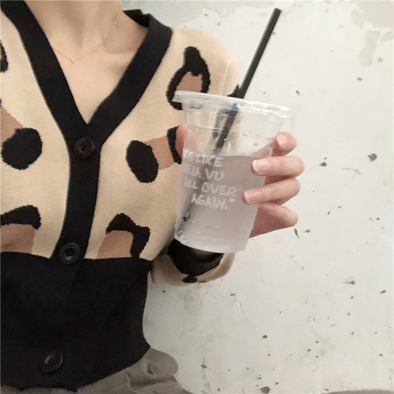 Nomikuma Korean Leopard Patchwork Short Sweater Coat Autumn Long Sleeve V-neck Knitted Cardigan Causal Women Knitwear 6C977 210427