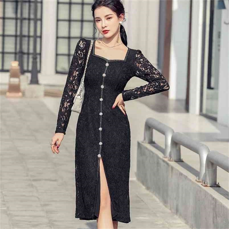 Spring Elegant Temperament Lace Dress Square Collar Long Sleeve High Waist Single Breasted Office Lady Bodycon Vestidos 210519, Black
Spring Elegant Temperament Lace Dress Square Collar Long Sleeve High Waist Single Breasted Office Lady Bodycon Vestidos 210519, Black