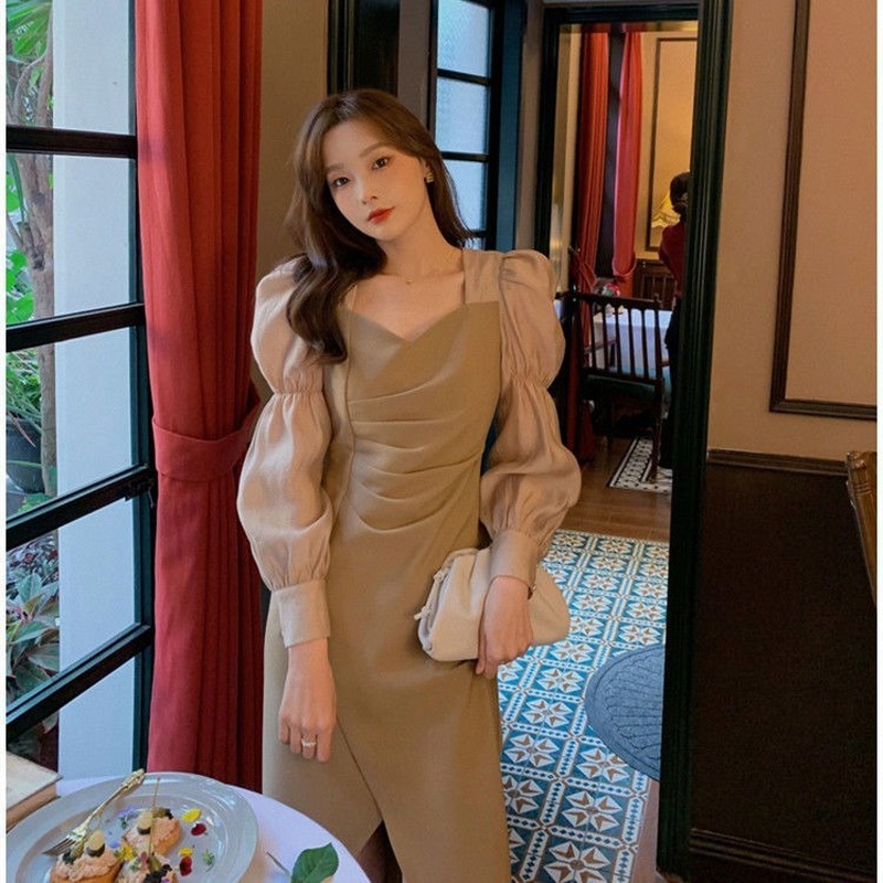 Spring French Elegant Midi Dress Women Square Collor Puffer Sleeve Vintage Dress Female Sweet Party Dress Korean 210521