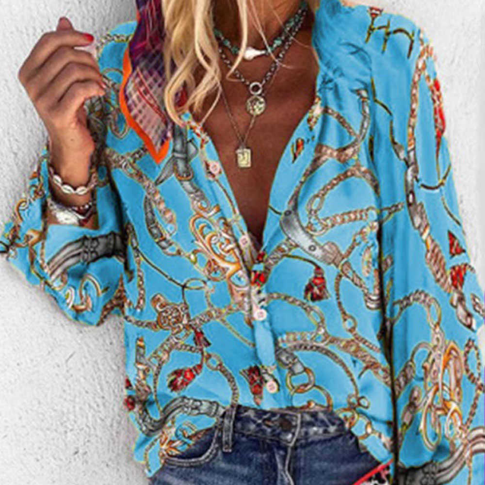 Casual Spring Summer Long Sleeve Blouse Women Vintage Chain Print Loose Shirts Plus Size 5XL Tops Single-breasted Tunic 210619