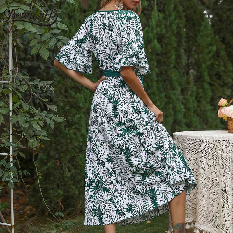Tie Neck Layered Flare Sleeve Print Women Summer Long Dresses Holiday Casual Female Swing Dress with Belt 210510
