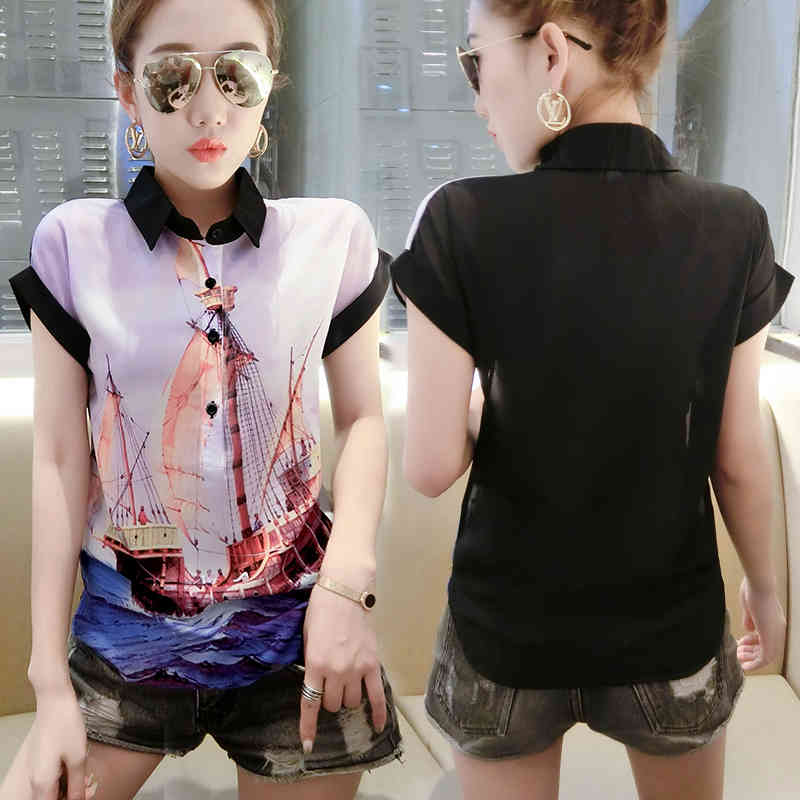 Summer Women's blouses fashion print short sleeve chiffon blouse women shirts turn down collar office ladies tops 4560 50 210508