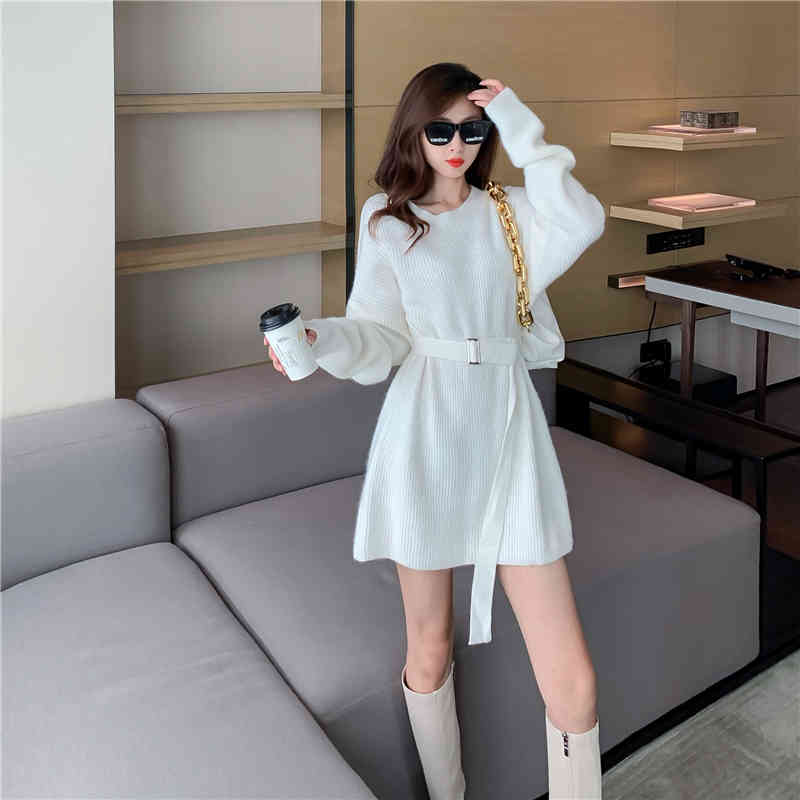 Sweater Dress Women Solid Casual Long Sleeve Slim A-line Mini Office Knitted Dress Female Dress Korean Autumn 210521