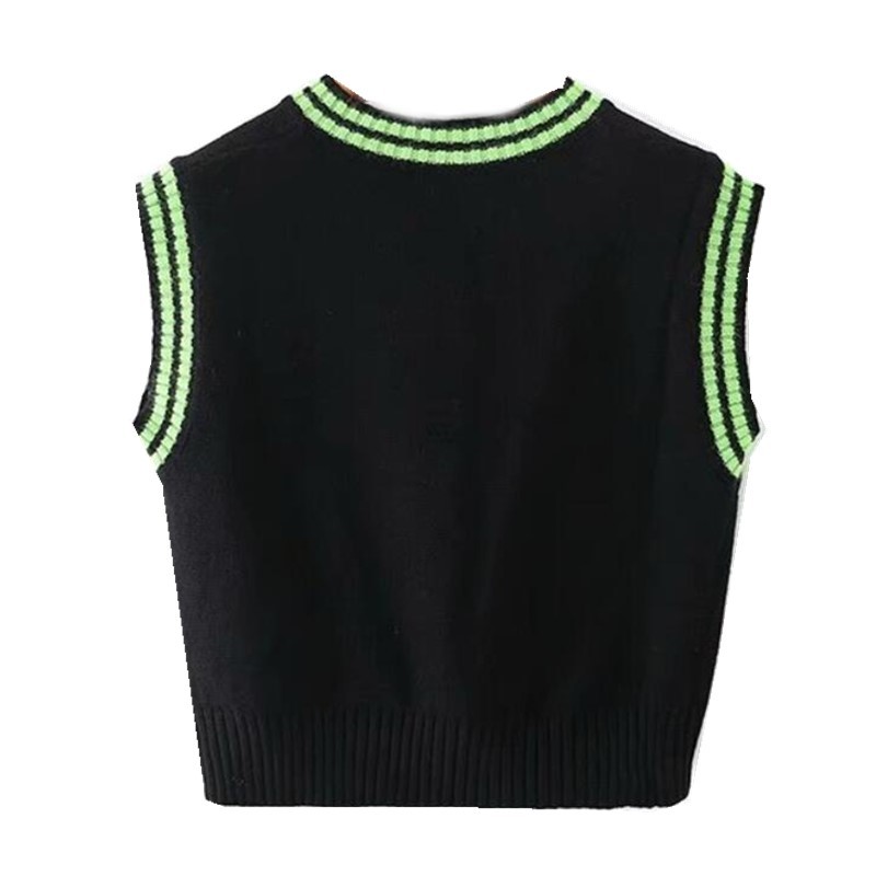 Preppy Style Green Strip Black Knitted Sweater Vest Women 90's Vintage Korean Clothing Striped V Neck Tank Top Y2K Knitwear 210429