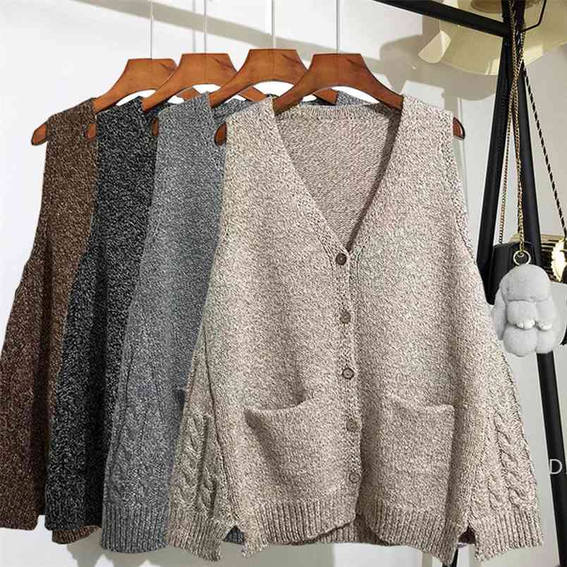 Sweater Women V Neck Sleeveless Cardigan Solid Loose Knitted Tops Vintage Fashion Korean Knitwear Outwear 90916 210519